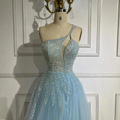 Serene Hill Blue Spaghetti Strap A Line One Shoulder Prom Dress 2025 LA72589 - SERENE HILL
