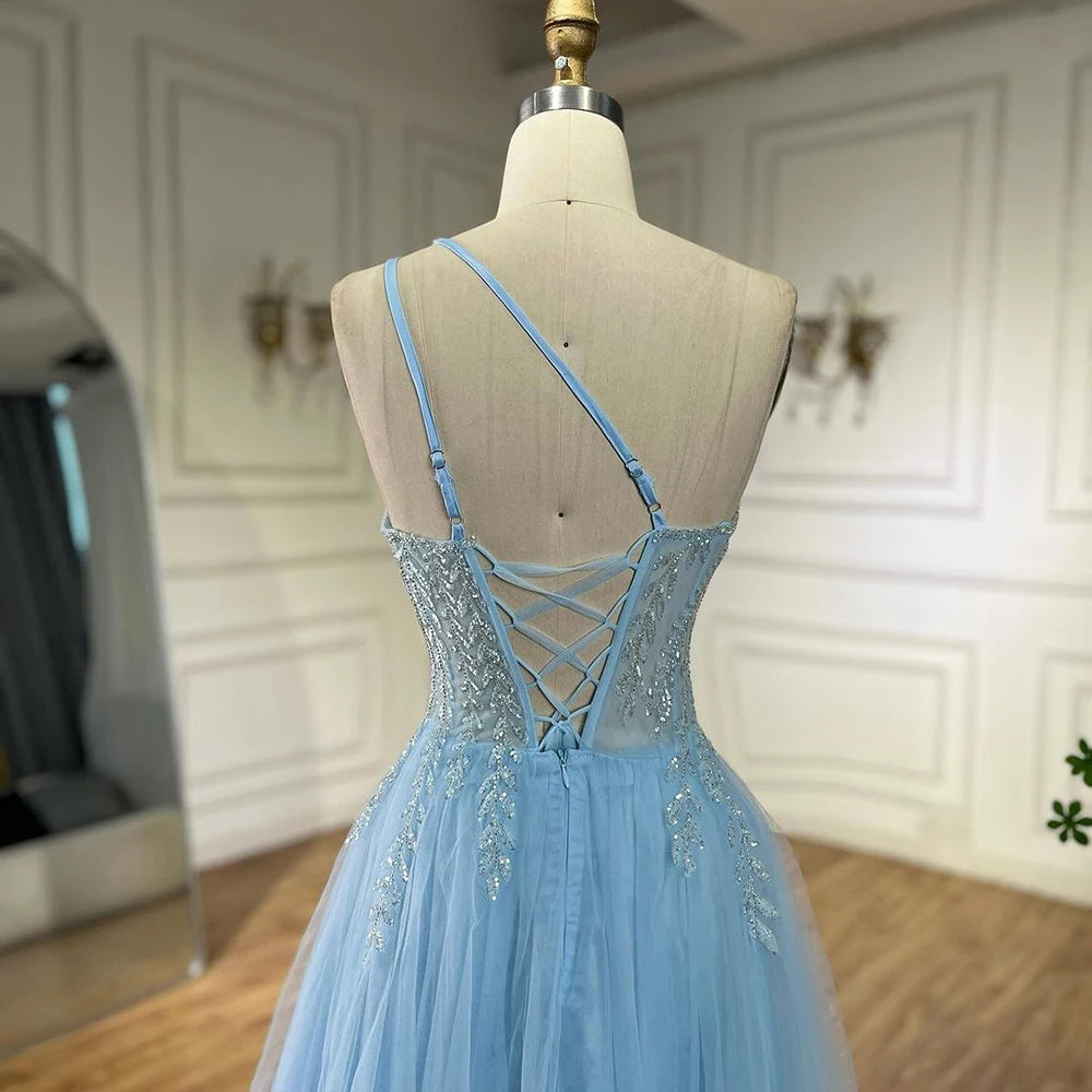 Serene Hill Blue Spaghetti Strap A Line One Shoulder Prom Dress 2025 LA72589 - SERENE HILL