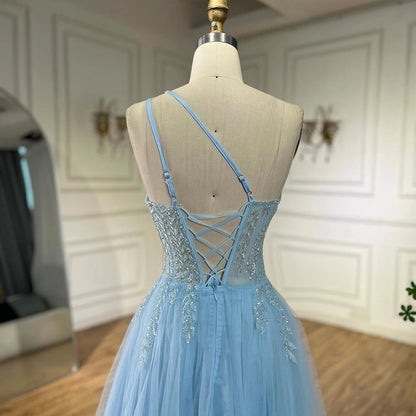 Serene Hill Blue Spaghetti Strap A Line One Shoulder Prom Dress 2025 LA72589 - SERENE HILL