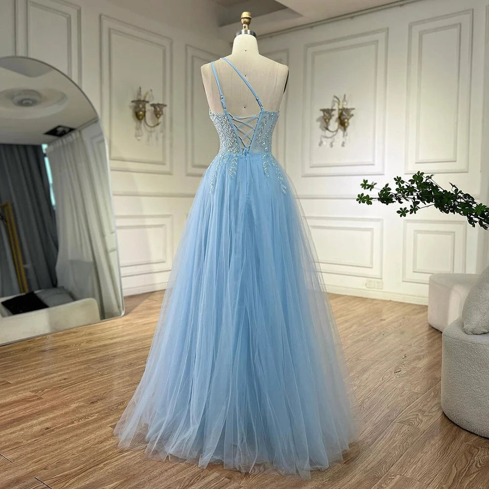 Serene Hill Blue Spaghetti Strap A Line One Shoulder Prom Dress 2025 LA72589 - SERENE HILL