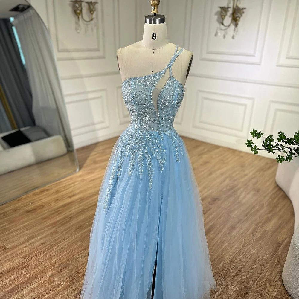 Serene Hill Blue Spaghetti Strap A Line One Shoulder Prom Dress 2025 LA72589 - SERENE HILL