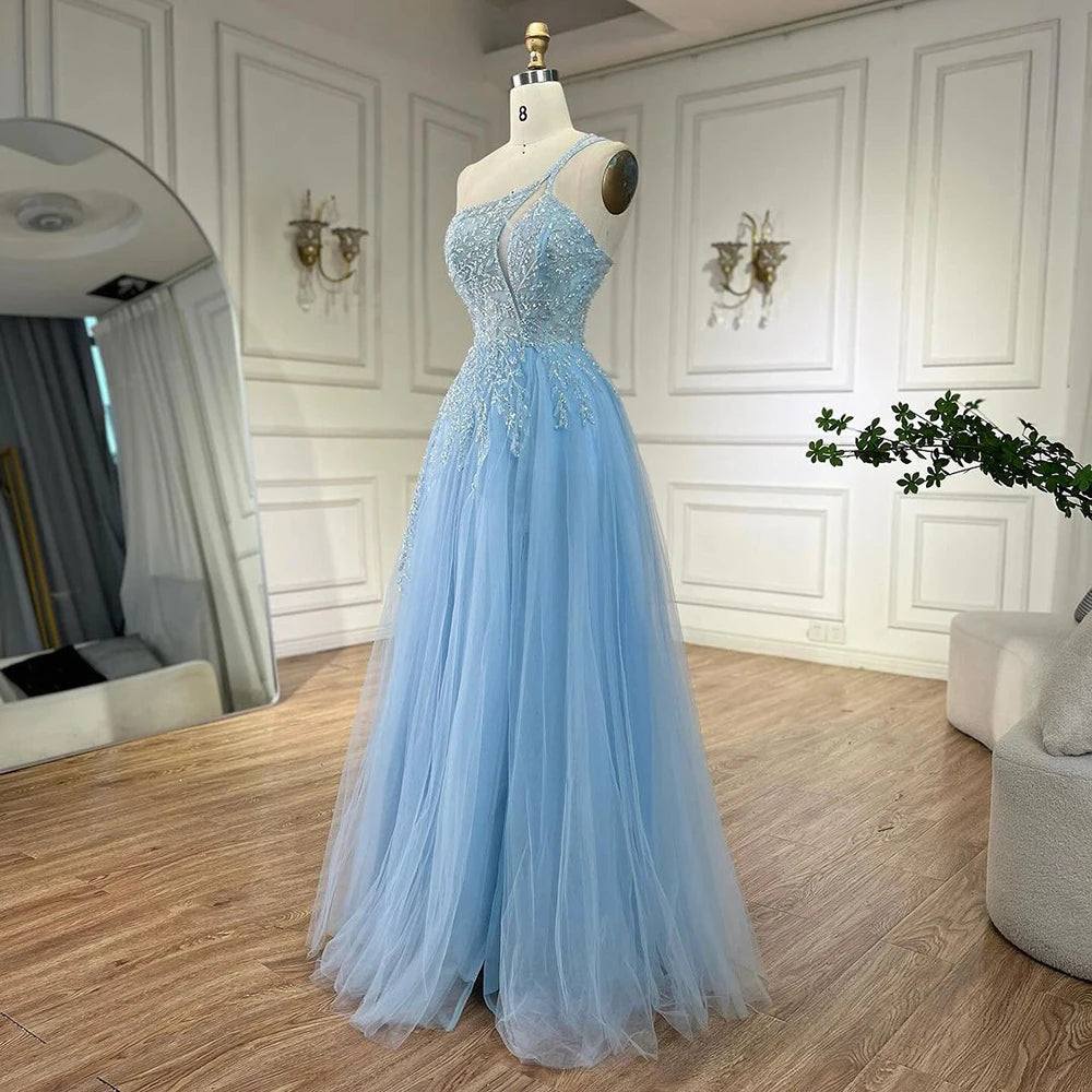 Serene Hill Blue Spaghetti Strap A Line One Shoulder Prom Dress 2025 LA72589 - SERENE HILL