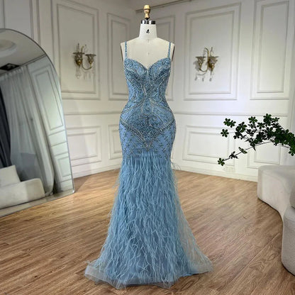 Luxury Blue Spaghetti Strap Feather Beaded Evening Dress LA72527 - SERENE HILL