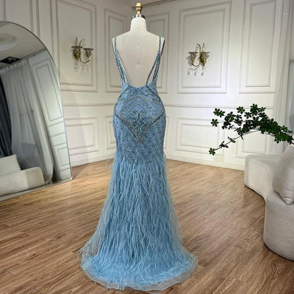 Luxury Blue Spaghetti Strap Feather Beaded Evening Dress LA72527 - SERENE HILL