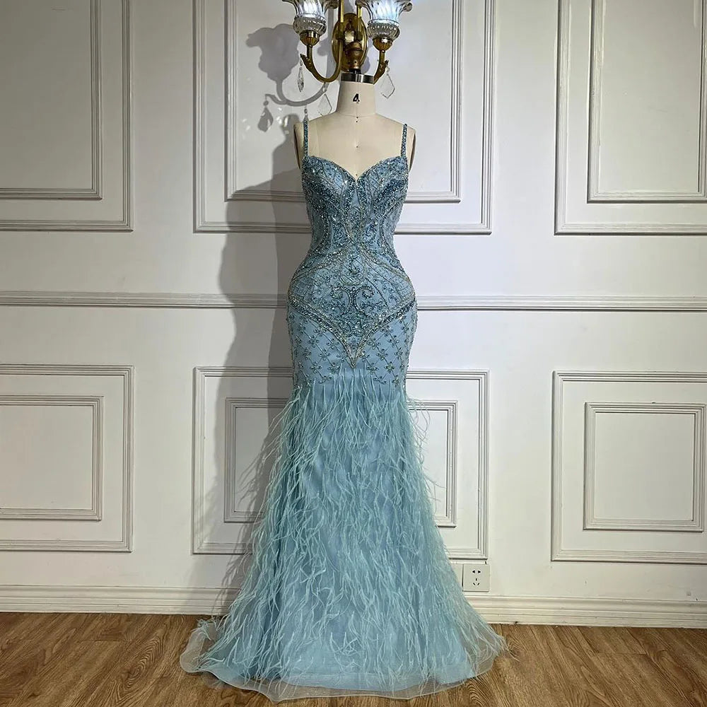 Luxury Blue Spaghetti Strap Feather Beaded Evening Dress LA72527 - SERENE HILL