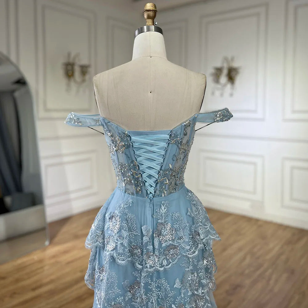 Serene Hill Arabic Blue Spaghetti Strap Tiered Beaded Evening Gown with Front Split for Women - Wedding Party 2025 LA72593 - SERENE HILL