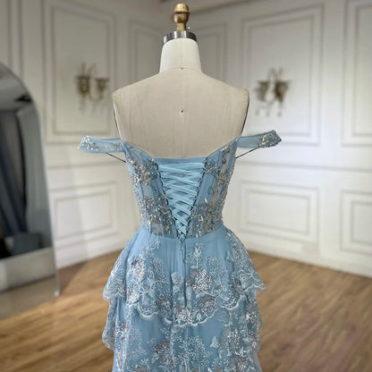 Serene Hill Arabic Blue Spaghetti Strap Tiered Beaded Evening Gown with Front Split for Women - Wedding Party 2025 LA72593 - SERENE HILL