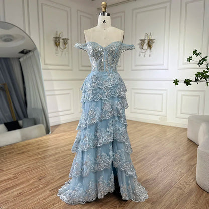 Serene Hill Arabic Blue Spaghetti Strap Tiered Beaded Evening Gown with Front Split for Women - Wedding Party 2025 LA72593 - SERENE HILL