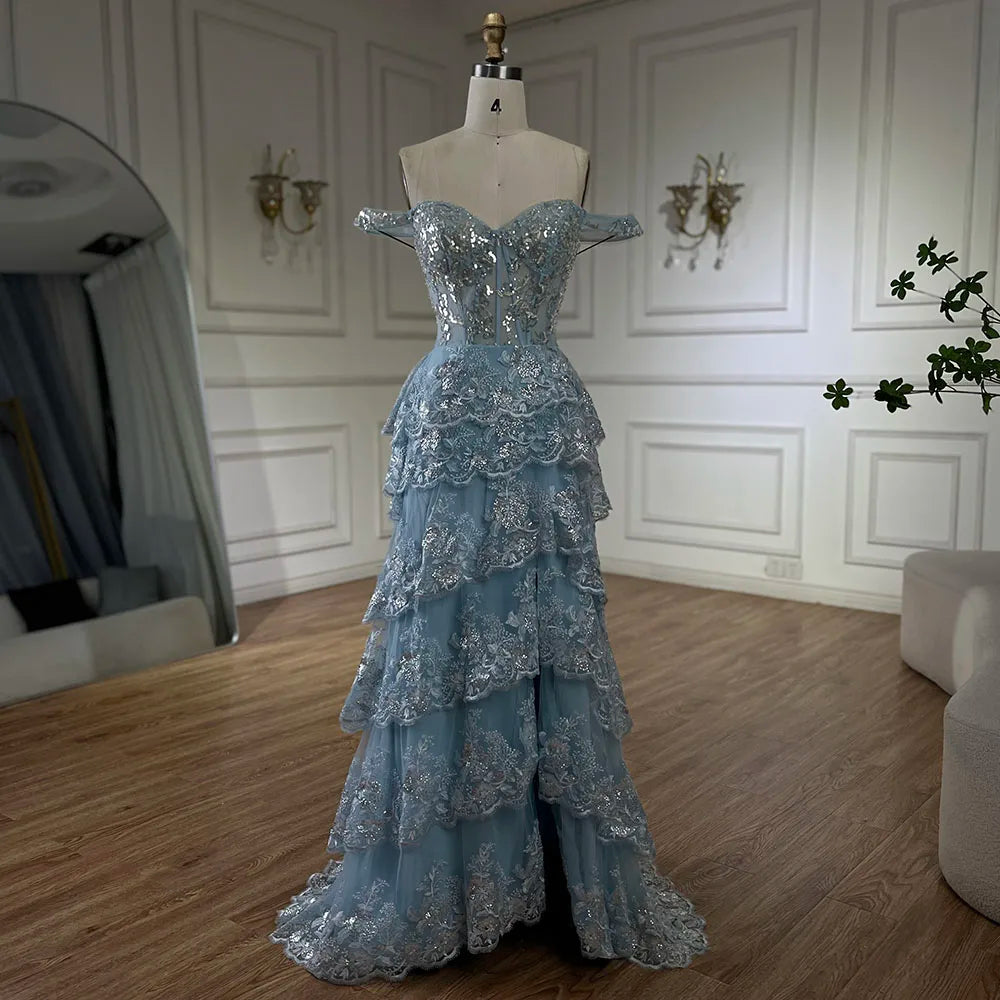 Serene Hill Arabic Blue Spaghetti Strap Tiered Beaded Evening Gown with Front Split for Women - Wedding Party 2025 LA72593 - SERENE HILL