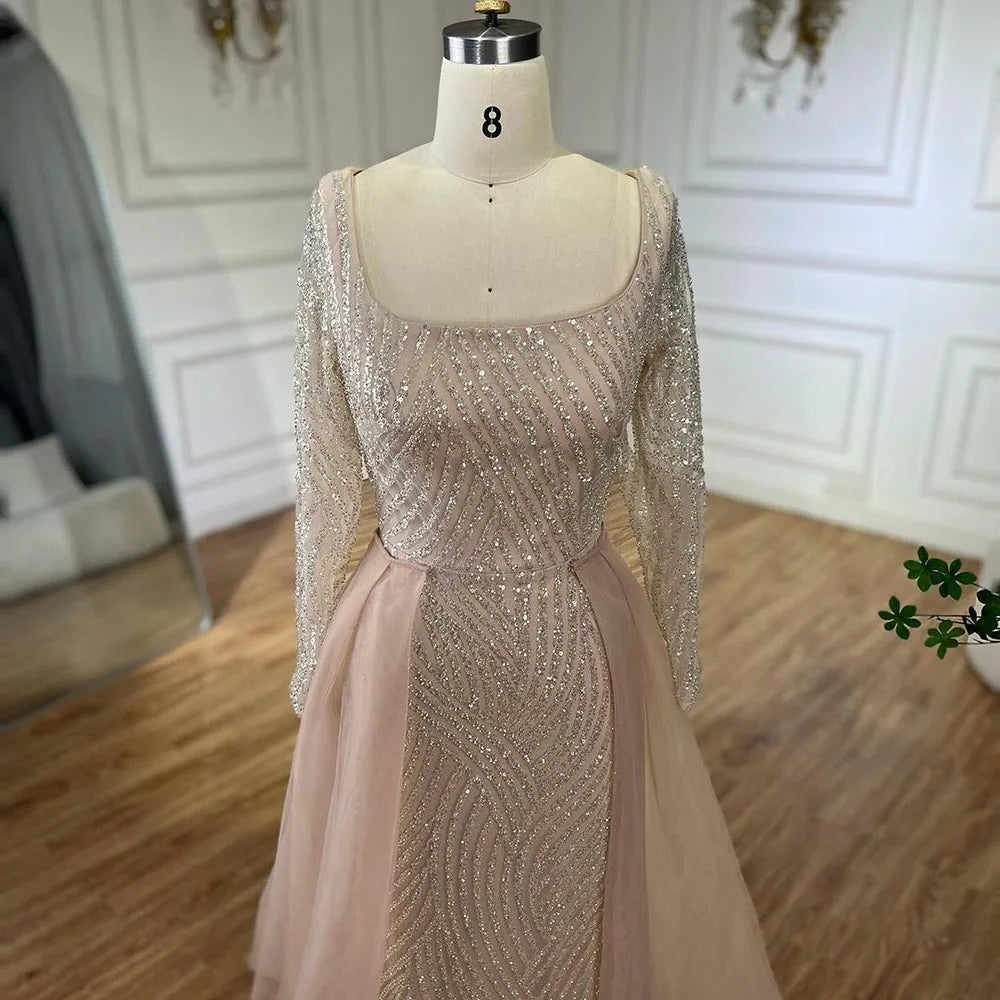 Serene Hill Arabic Blue Square Collar Mermaid Evening Gown Beaded Overskirt Luxury Dresses for Woman&