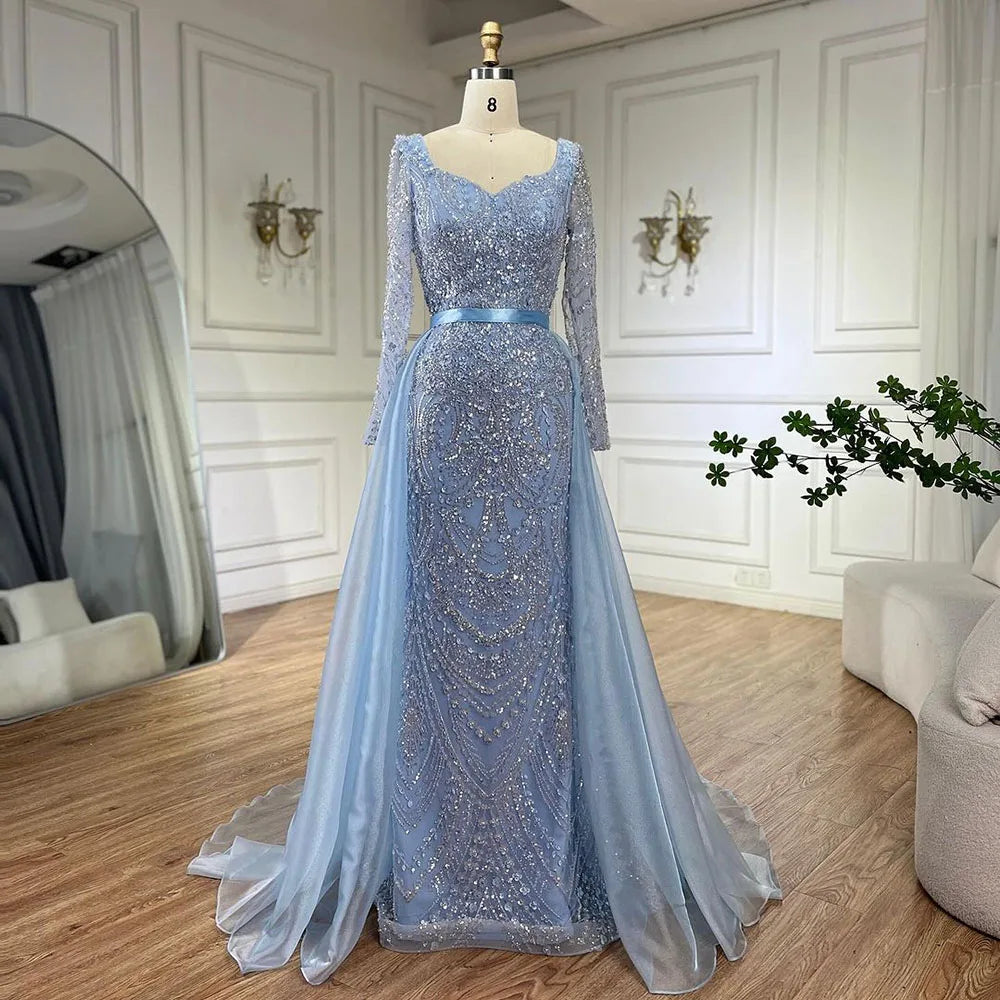 Serene Hill Arabic Blue Sweetheart Mermaid Evening Gown Beaded Overskirt - Luxury Dresses for Woman&