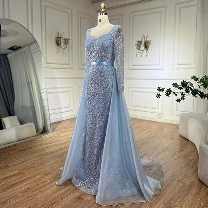 Serene Hill Arabic Blue Sweetheart Mermaid Evening Gown Beaded Overskirt - Luxury Dresses for Woman&