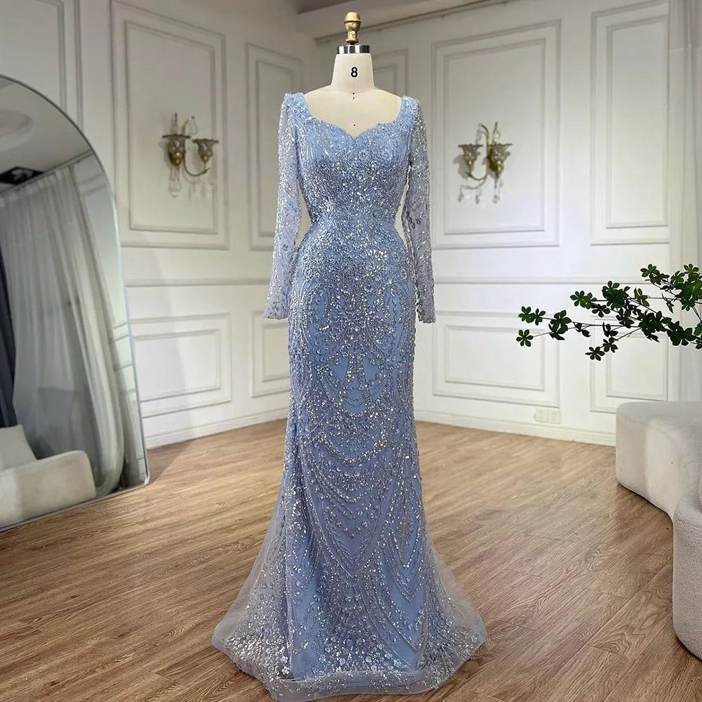 Serene Hill Arabic Blue Sweetheart Mermaid Evening Gown Beaded Overskirt - Luxury Dresses for Woman&