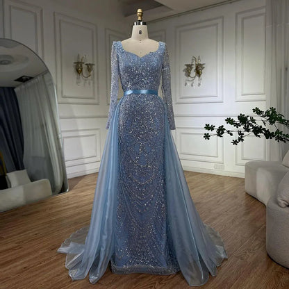 Serene Hill Arabic Blue Sweetheart Mermaid Evening Gown Beaded Overskirt - Luxury Dresses for Woman&