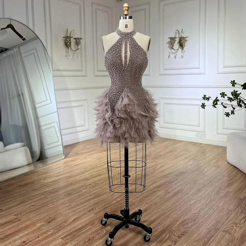 Serene Hill Arabic Brown Elegant Short Dresses Beaded Feathers Mermaid Cocktail Gowns 2025 For Women Party Couture LA72549 - SERENE HILL