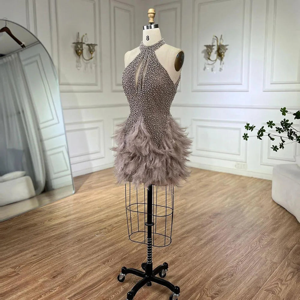 Serene Hill Arabic Brown Elegant Short Dresses Beaded Feathers Mermaid –  SERENE HILL