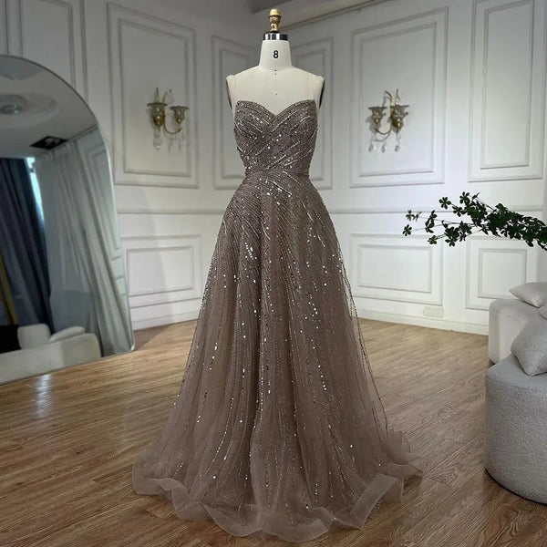 Serene Hill Arabic Caramel A Line Beaded Luxury Dubai Evening Dresses Gowns For Women Wedding Party 2025 LA72563
