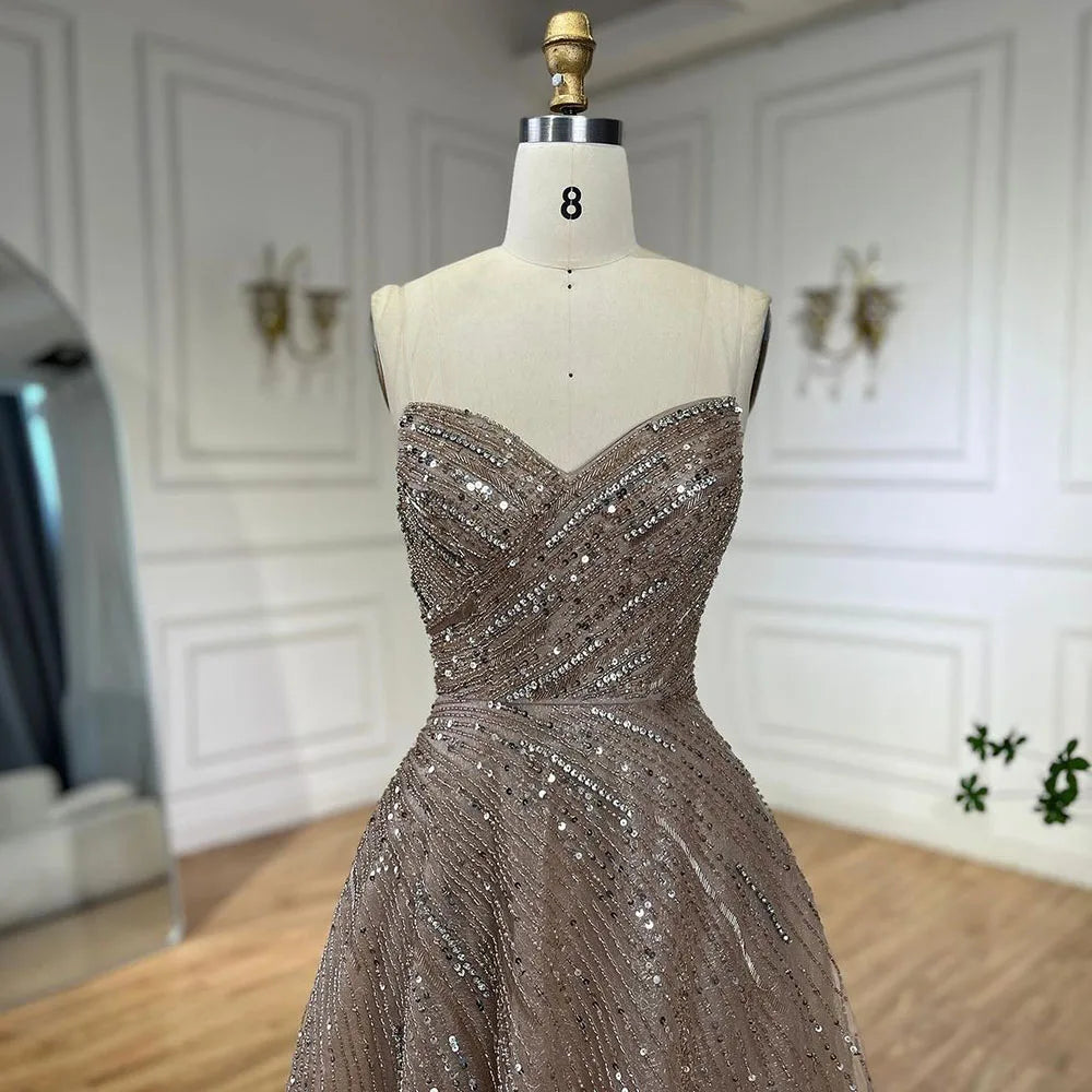 Serene Hill Arabic Caramel A Line Beaded Luxury Dubai Evening Dresses Gowns For Women Wedding Party 2025 LA72563 - SERENE HILL