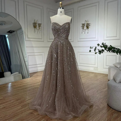 Serene Hill Arabic Caramel A Line Beaded Luxury Dubai Evening Dresses Gowns For Women Wedding Party 2025 LA72563 - SERENE HILL