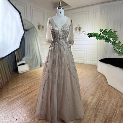 Serene Hill Arabic Caramel A Line Dubai Evening Dresses Gowns 2025 Beaded Luxury For Women Wedding Party LA72252 - SERENE HILL