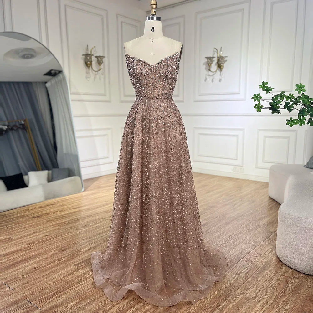 Serene Hill Arabic Caramel A-Line Elegant Luxury Beaded Long Evening Dress for Women - Wedding Party 2025 LA72147 - SERENE HILL