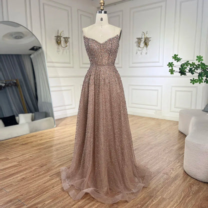 Serene Hill Arabic Caramel A-Line Elegant Luxury Beaded Long Evening Dress for Women - Wedding Party 2025 LA72147 - SERENE HILL