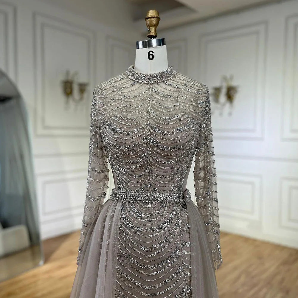 Serene Hill Arabic Caramel Beaded Overskirt Dubai Mermaid Evening Gown Luxury Dresses for Woman&