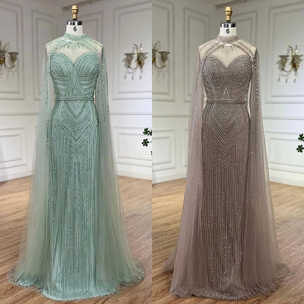 Luxury Nude Mermaid Evening Dress with Cape Sleeve LA72233A - SERENE HILL