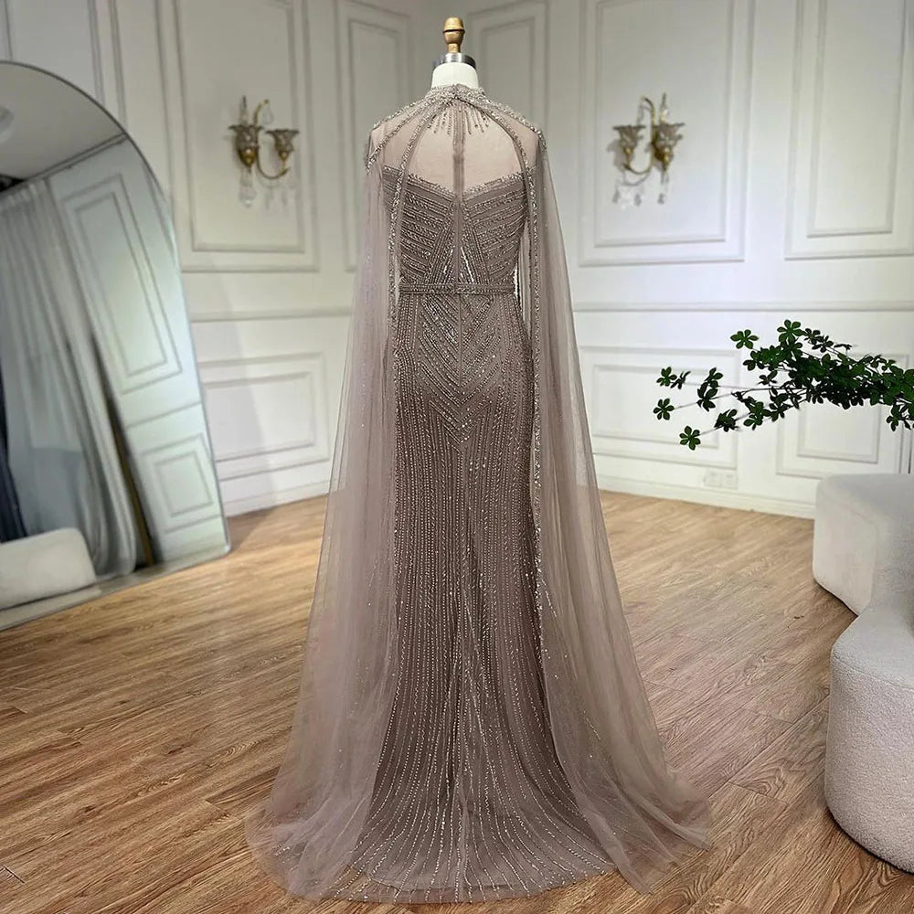 Luxury Nude Mermaid Evening Dress with Cape Sleeve LA72233A - SERENE HILL