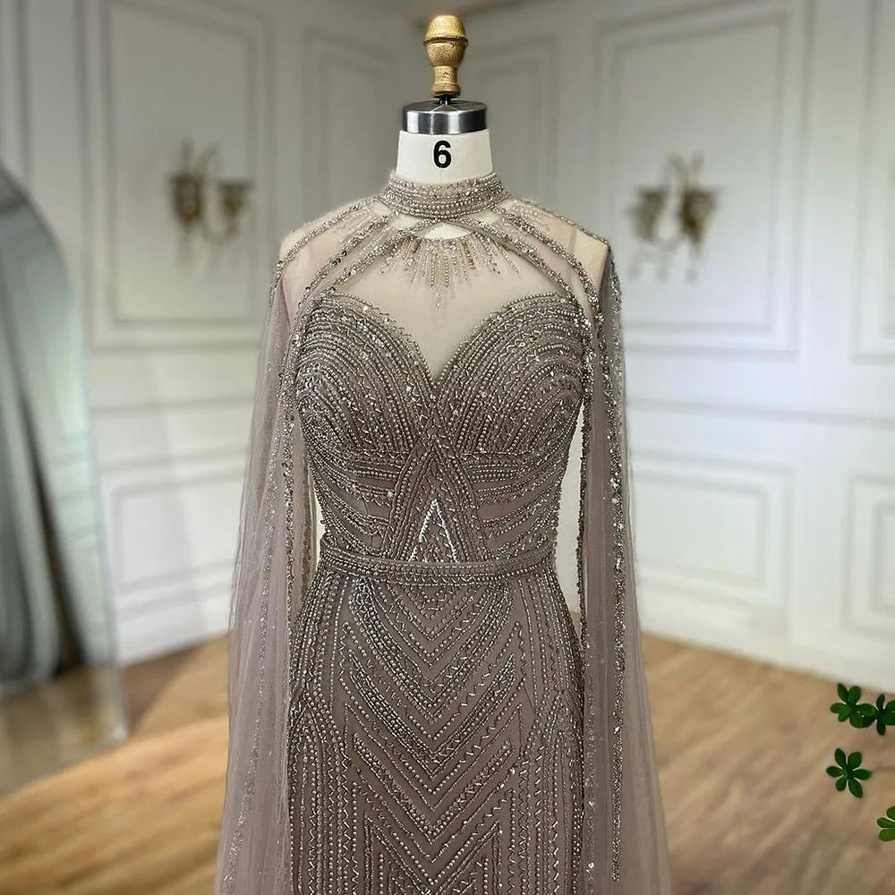 Luxury Nude Mermaid Evening Dress with Cape Sleeve LA72233A - SERENE HILL