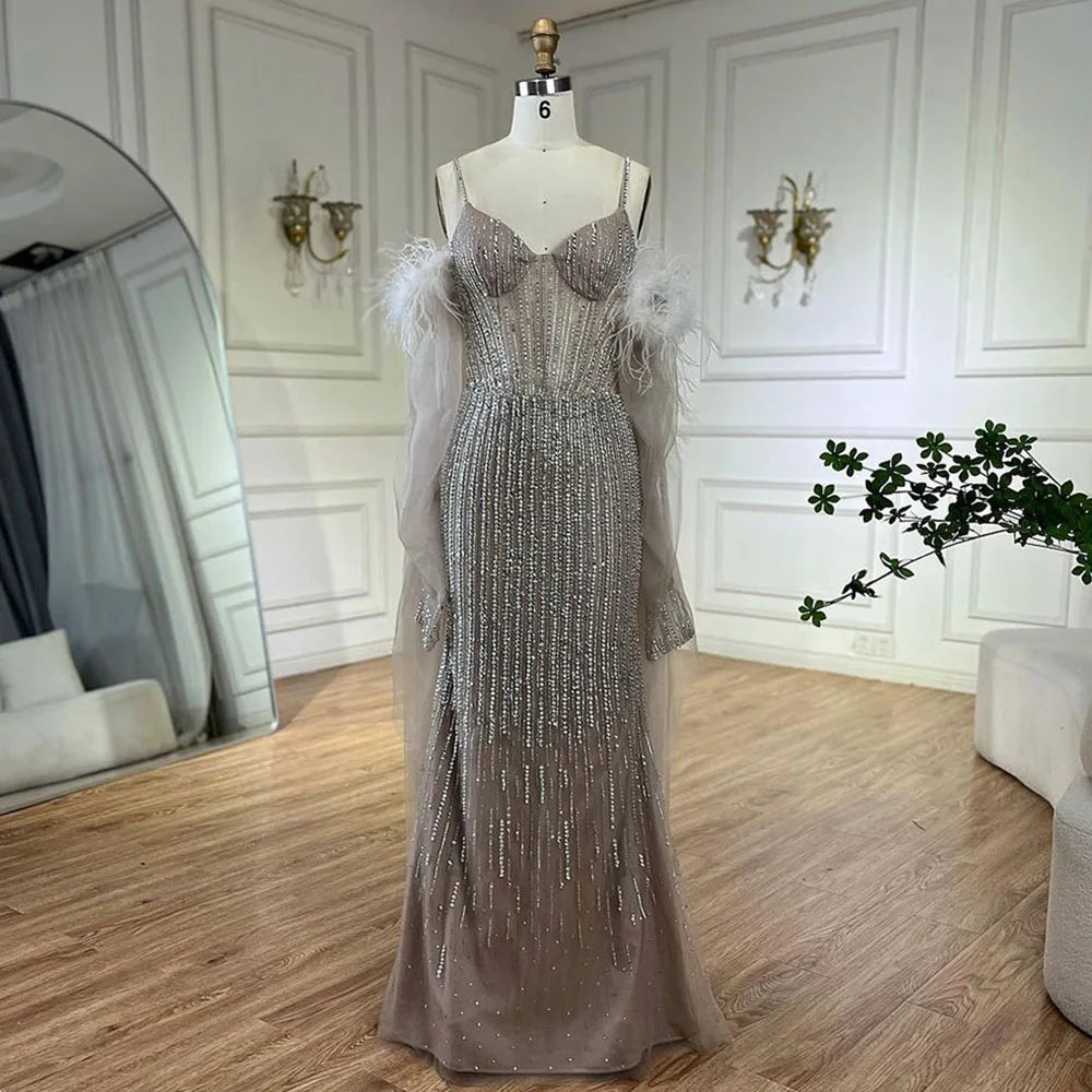Serene Hill Arabic Caramel Elegant Mermaid Beaded Feathers Long Cloak Evening Dresses Gowns For Women Wedding Party LA72551 - SERENE HILL