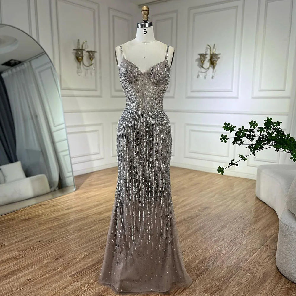 Serene Hill Arabic Caramel Elegant Mermaid Beaded Feathers Long Cloak Evening Dresses Gowns For Women Wedding Party LA72551 - SERENE HILL