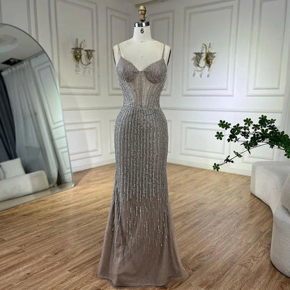Serene Hill Arabic Caramel Elegant Mermaid Beaded Feathers Long Cloak Evening Dresses Gowns For Women Wedding Party LA72551 - SERENE HILL