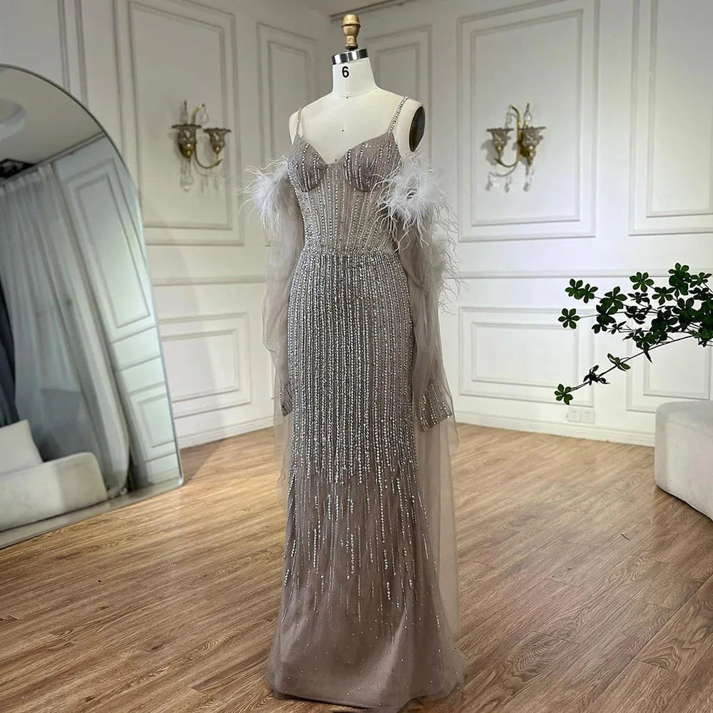 Serene Hill Arabic Caramel Elegant Mermaid Beaded Feathers Long Cloak Evening Dresses Gowns For Women Wedding Party LA72551 - SERENE HILL