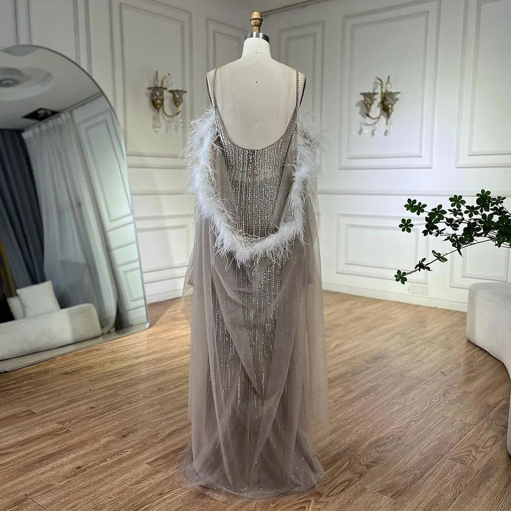 Serene Hill Arabic Caramel Elegant Mermaid Beaded Feathers Long Cloak Evening Dresses Gowns For Women Wedding Party LA72551 - SERENE HILL