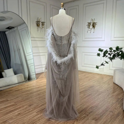 Serene Hill Arabic Caramel Elegant Mermaid Beaded Feathers Long Cloak Evening Dresses Gowns For Women Wedding Party LA72551 - SERENE HILL