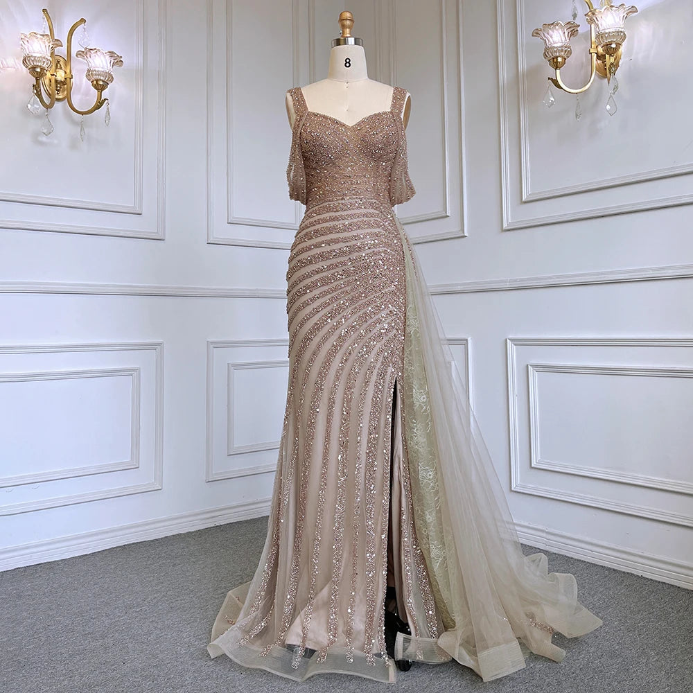 Serene Hill Arabic Caramel Mermaid High Split Elegant Beaded Luxury Evening Dresses Gowns 2025 For Woman Party LA71679 - SERENE HILL