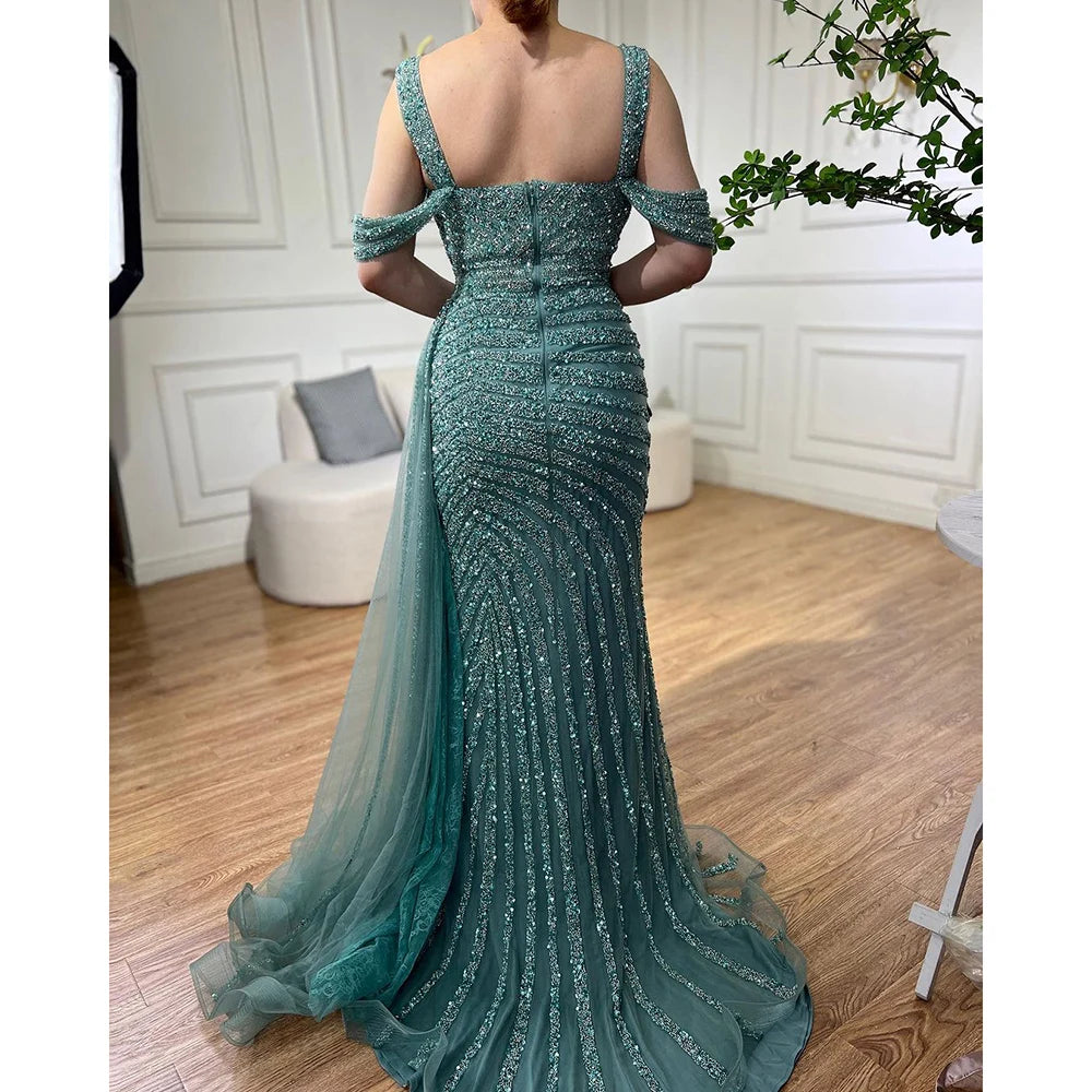 Serene Hill Arabic Caramel Mermaid High Split Elegant Beaded Luxury Evening Dresses Gowns 2025 For Woman Party LA71679 - SERENE HILL