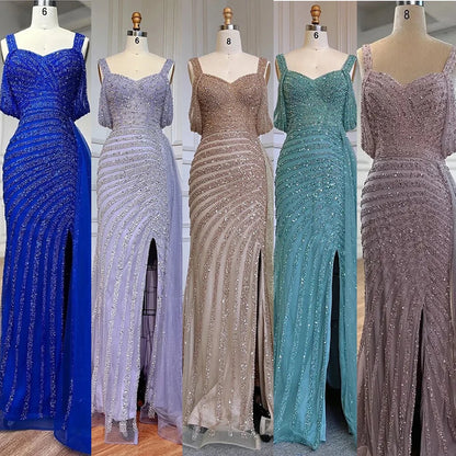 Serene Hill Arabic Caramel Mermaid High Split Elegant Beaded Luxury Evening Dresses Gowns 2025 For Woman Party LA71679 - SERENE HILL