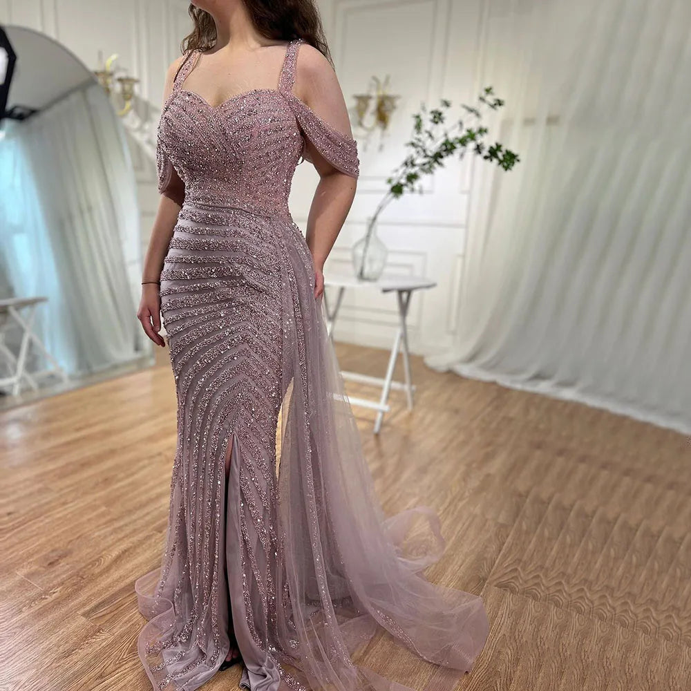 Serene Hill Arabic Caramel Mermaid High Split Elegant Beaded Luxury Evening Dresses Gowns 2025 For Woman Party LA71679 - SERENE HILL