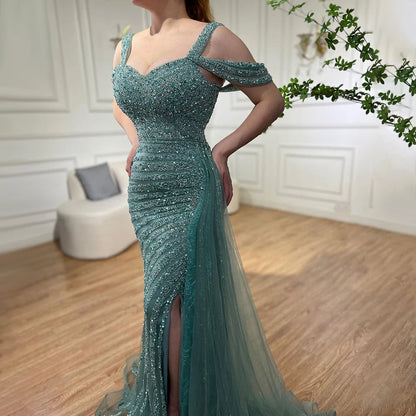Serene Hill Arabic Caramel Mermaid High Split Elegant Beaded Luxury Evening Dresses Gowns 2025 For Woman Party LA71679 - SERENE HILL