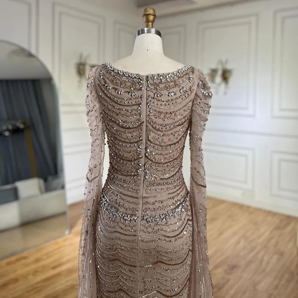 Luxury Beaded Caramel Evening Dress with Cape Sleeve LA72604 - SERENE HILL