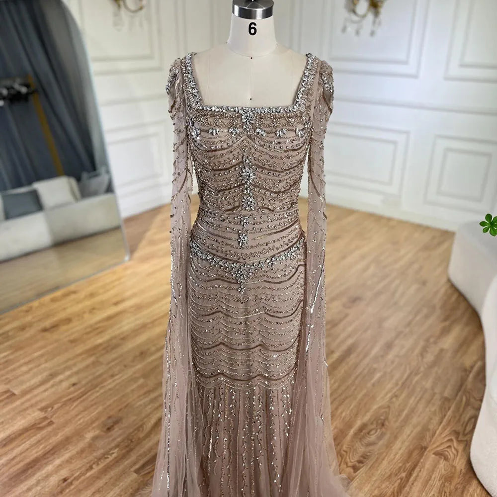 Luxury Beaded Caramel Evening Dress with Cape Sleeve LA72604 - SERENE HILL