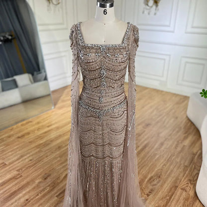 Luxury Beaded Caramel Evening Dress with Cape Sleeve LA72604 - SERENE HILL