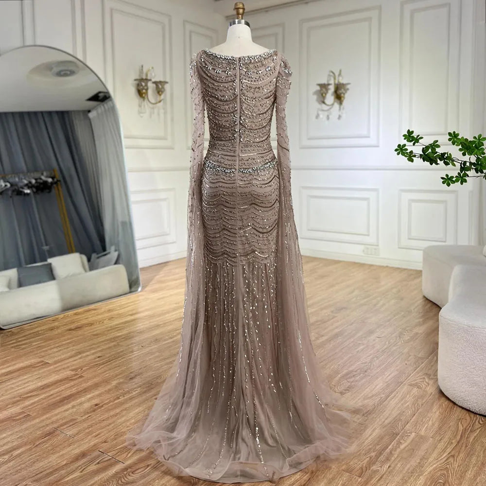 Luxury Beaded Caramel Evening Dress with Cape Sleeve LA72604 - SERENE HILL