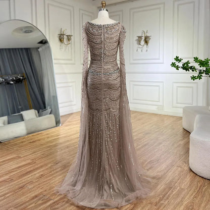 Luxury Beaded Caramel Evening Dress with Cape Sleeve LA72604 - SERENE HILL