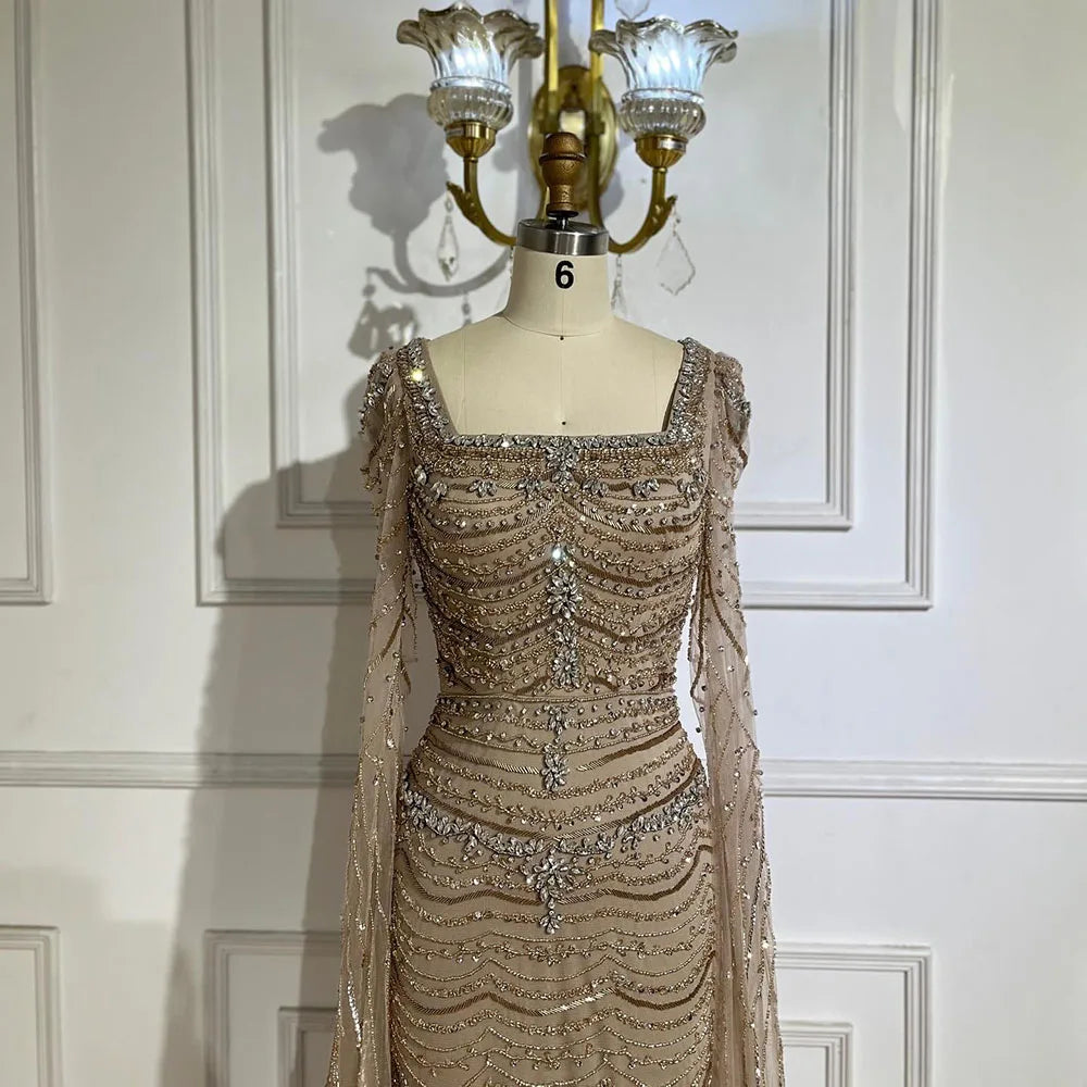 Luxury Beaded Caramel Evening Dress with Cape Sleeve LA72604 - SERENE HILL