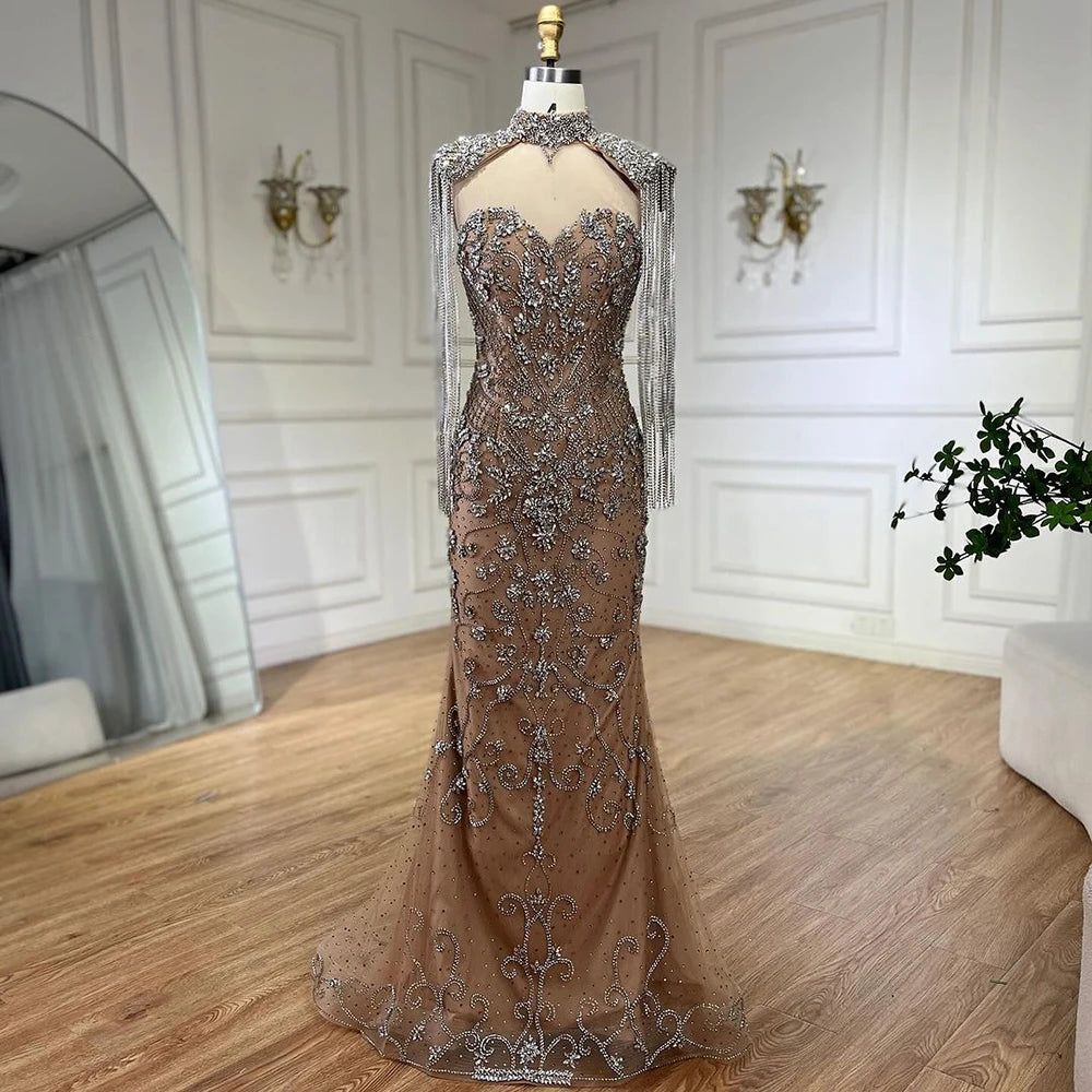 Luxury Dubai Caramel Mermaid Tassel Beaded Evening Dress LA72237A - SERENE HILL