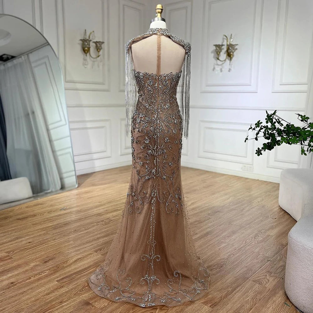 Luxury Dubai Caramel Mermaid Tassel Beaded Evening Dress LA72237A - SERENE HILL