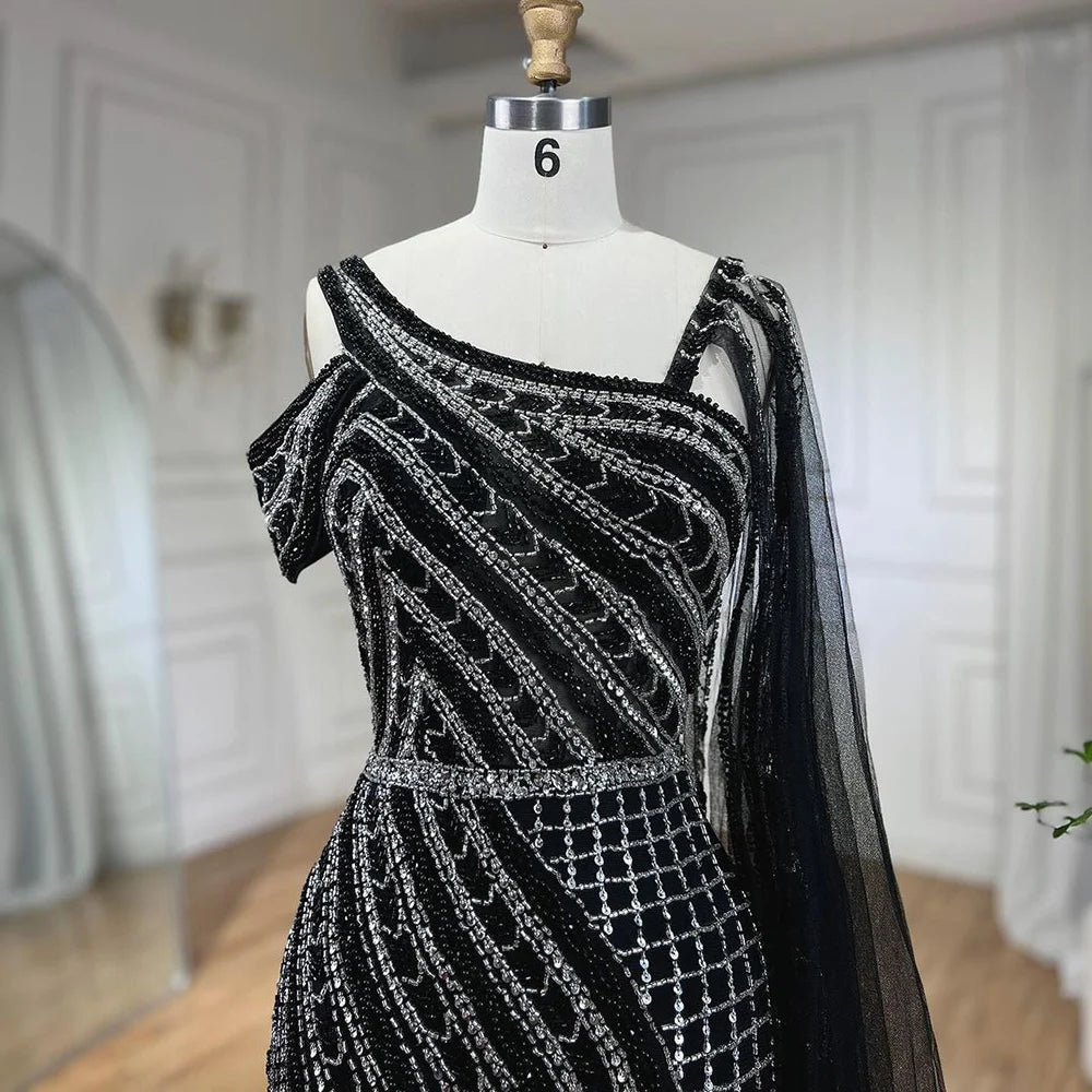 Serene Hill Arabic Dubai Black Long Cloak Mermaid Beaded Luxury Evening Dresses Gowns for Women Wedding Party 2025 LA72296 - SERENE HILL